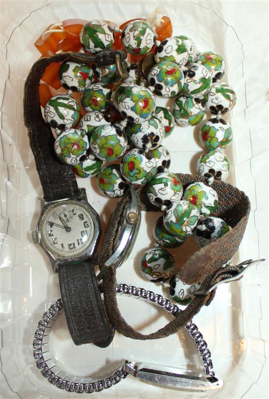 Cloisonne necklace, amber bracelet, 3 watches